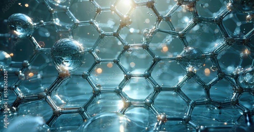 Poster hexagonal lattice structure. shiny spheres connect forming complex network. blue tones dominate, sug