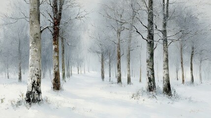 Peaceful winter forest landscape oil painting with soft brushstrokes, depicting snowy woods in a serene, tranquil atmosphere ideal for mindfulness and art therapy

