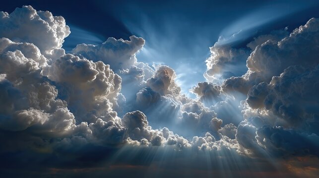 Beautiful blue sky with white clouds and sun rays shining through, ideal for product presentation templates. Perfect background for digital media, advertising, and marketing materials.