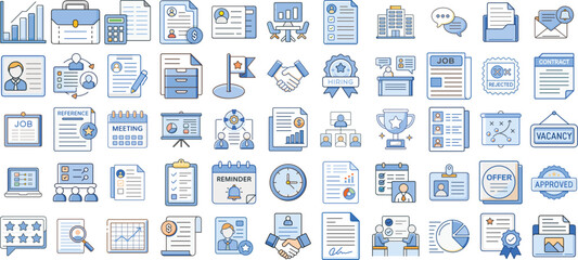 Obraz premium Business icons set. Collection of flat style icons for business themes: deals, resumes, reports, and hiring. These professional business icons are perfect for presentations and marketing materials.