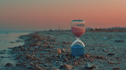 Clear hourglass with blue sand against a pastel pink sky in a grainy film style. Ideal for art, backgrounds, design elements, and decorative purposes. Captures a sense of time and tranquility with its