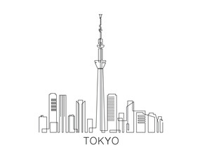 Obraz premium Tokyo stroke, single art skyline. Continuous urban panorama silhouette outline, vector illustration of Japan city with buildings, skyscrapers. Thin line icon, logo, card