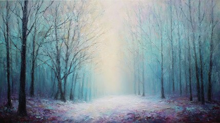 Peaceful winter forest landscape oil painting with soft brushstrokes, depicting snowy woods in a serene, tranquil atmosphere ideal for mindfulness and art therapy

