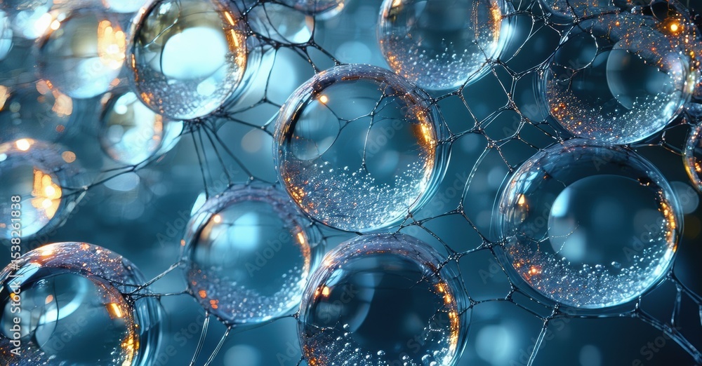 Aufkleber Bubbles form intricate network. Blue hues dominate, creating abstract, mesmerizing visual texture. Light refracts, adding depth.