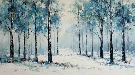 Peaceful winter forest landscape oil painting with soft brushstrokes, depicting snowy woods in a serene, tranquil atmosphere ideal for mindfulness and art therapy

