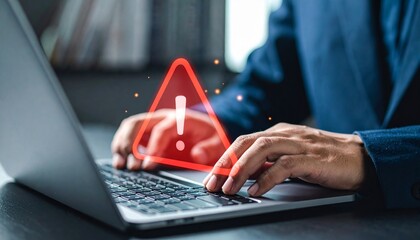 Businessman, programmer, and developer using a laptop computer with a triangle caution warning sign for notification of errors and maintenance concept.
