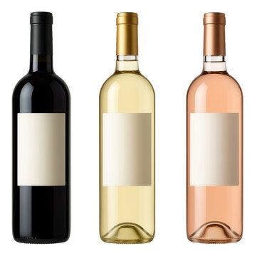 Three wine bottles with blank labels, featuring red, white, and rose wines with different colored caps.