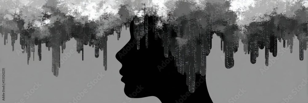 Aufkleber thoughts raining down in a silhouette against a blank background creating an emotional atmosphere fo
