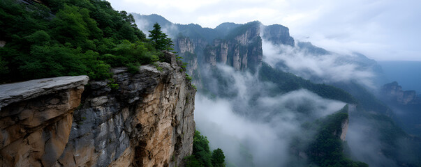 Majestic mountain landscape with rocky cliffs and lush greenery, enveloped in mist, showcasing the beauty of nature and the serenity of the wilderness
