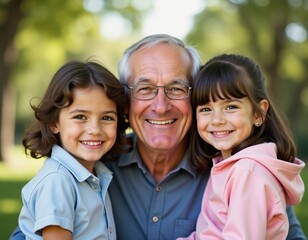 A cheerful grandfather smiles brightly while embracing his two grandchildren, a boy and a girl, in a lush green park under the warm sun Generative AI