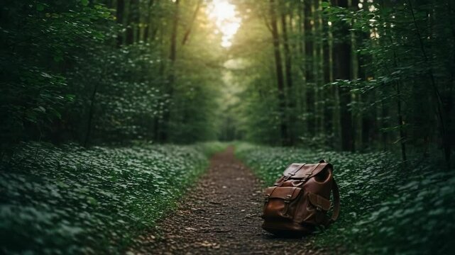 Vintage backpack resting on a forest path in morning light  