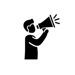 Fototapeta premium Person Speaking Through Megaphone Silhouette Icon, Minimal black silhouette of a person using a megaphone, symbolizing communication, announcement, public speaking, or activism.