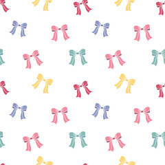 Bows pattern. Vector seamless pattern with colored cute Bows in flat simple style. blue, pink, yellow, green, beige bows pattern in cartoon style isolated on white background