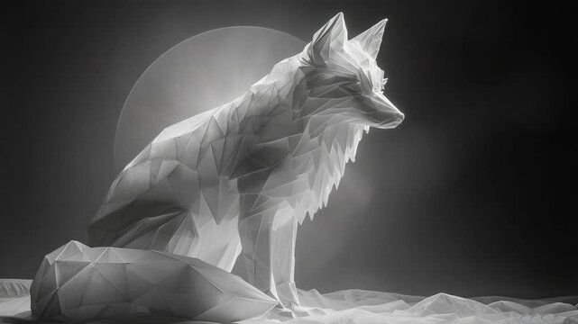 Monochrome Polygonal Fox Statue with Lunar Backdrop, Mystical Wildlife Fine Art Concept