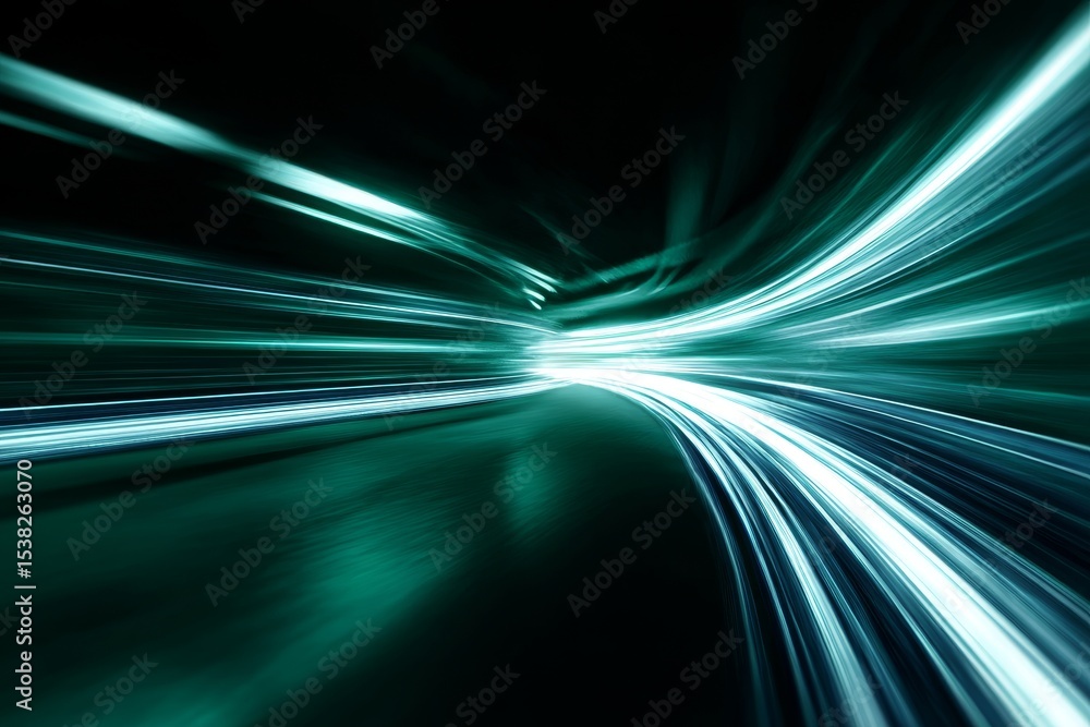 Poster futuristic concept of quantum computing with digital data streams and emerald glows in motion