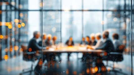 Defocused board meeting background behind glass wall. High quality