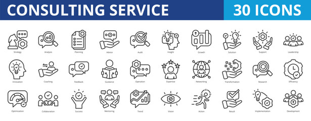 Consulting service icon pack collection set for business management coaching and mentoring. With strategy, analysis, planning, advice, insight, coaching, solution, support, leadership, innovation