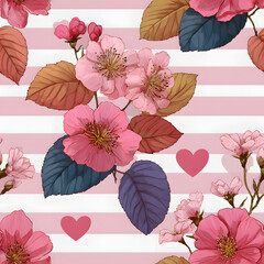 Vector cute cartoon hand drawn illustration. Seamless pattern of pink flowers and leaves on horizontal striped background with heart. Ideal for textile print, baby clothes, wallpaper, cleaning.