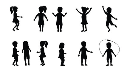 Silhouette kids showing different emotions and poses, one boy jumps rope joyfully