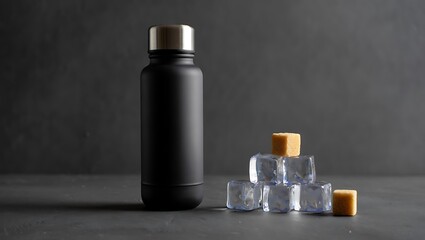Black Water Bottle with Ice Cubes on Dark Gray Background