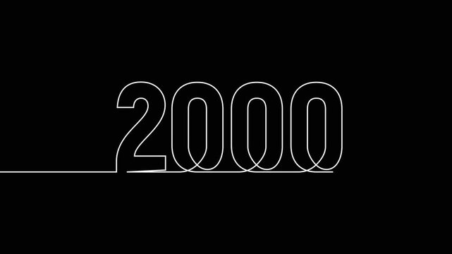 2000 new year continuous line art clip self drawing animation on white black background. single one line art written outline sketch illustration 2000 year numbers video