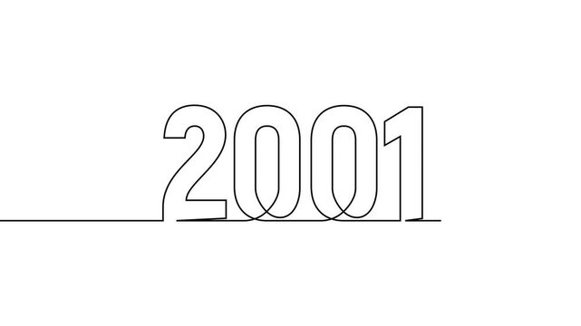 2001 new year continuous line art clip self drawing animation on white black background. single one line art written outline sketch illustration 2001 year numbers video