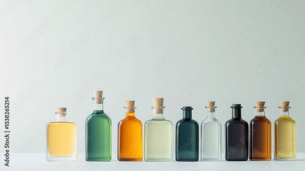 Poster colorful bottles with liquids on white background in studio