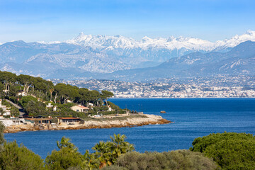 Antibes Coastline with Snow-Capped Alps in the Background, French Riviera