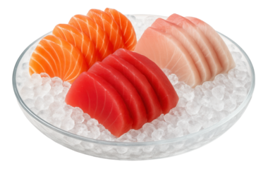 Fresh slices of salmon, tuna, and amberjack sashimi arranged on a bed of ice in a clear glass bowl.