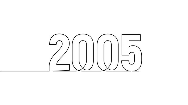 2005 new year continuous line art clip self drawing animation on white black background. single one line art written outline sketch illustration 2005 year numbers video
