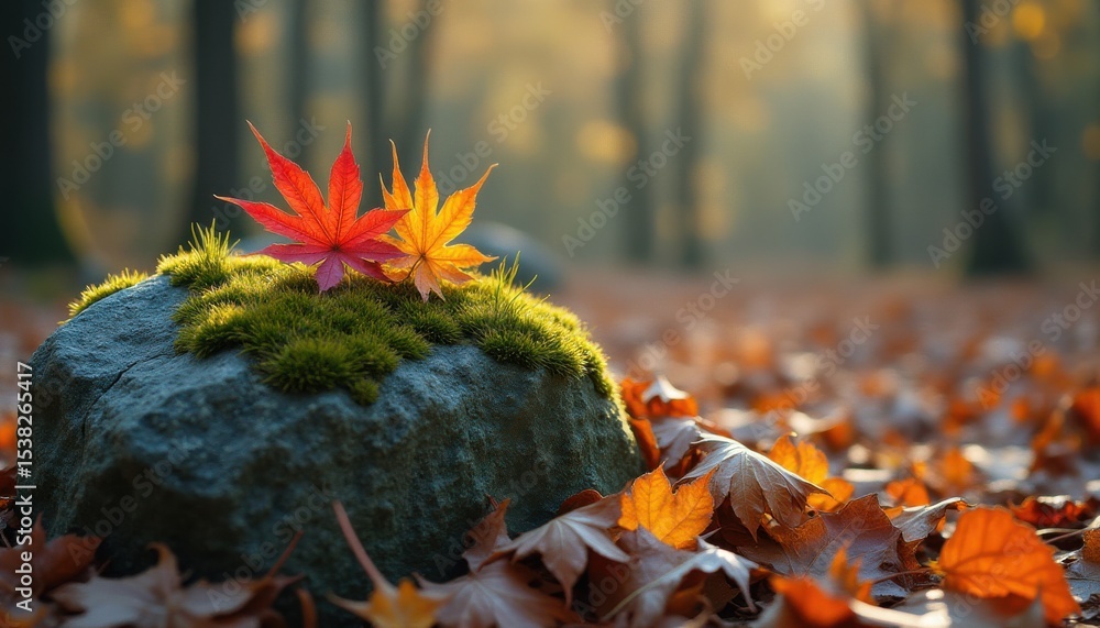 Poster two autumn maple leaves resting on moss in serene forest