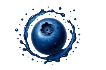 Realistic forest blueberry with matte-glossy surface and darker blue tone, surrounded by light violet translucent splash forming a crescent shape around the berry, soft shadows, isolated 