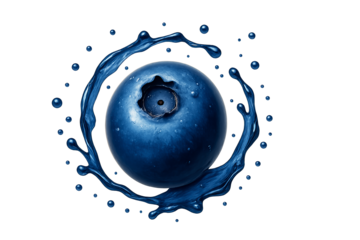 Realistic forest blueberry with matte-glossy surface and darker blue tone, surrounded by light violet translucent splash forming a crescent shape around the berry, soft shadows, isolated 