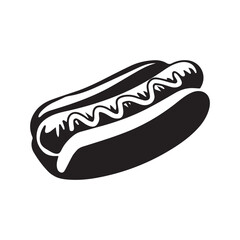 Hot dog vector silhouette illustration with sausage in a bun and mustard on top