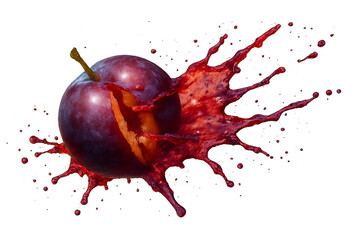 Purple plum breaking apart mid-air with deep red and violet juice bursting from its center, motion-captured splash wrapping around the fruit, isolated on transparent background with strong summer vibe
