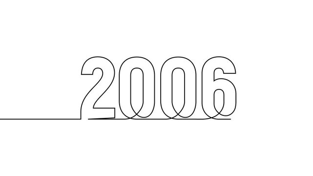 2006 new year continuous line art clip self drawing animation on white black background. single one line art written outline sketch illustration 2006 year numbers video