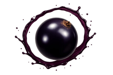 Shiny blackcurrant berry centered with deep purple tone and light reflections, surrounded by an elegant loop of dark juice splash,  composition without explosion, isolated on transparent background