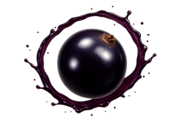 Shiny blackcurrant berry centered with deep purple tone and light reflections, surrounded by an elegant loop of dark juice splash,  composition without explosion, isolated on transparent background