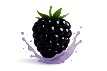 Glossy 3D blackberry centered with realistic shape and shine, surrounded by a delicate semi-transparent light purple splash gently wrapping around the lower part, subtle reflections, clean silhouette