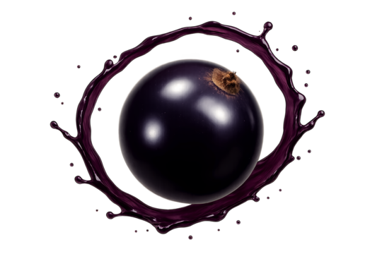 Shiny blackcurrant berry centered with deep purple tone and light reflections, surrounded by an elegant loop of dark juice splash,  composition without explosion, isolated on transparent background
