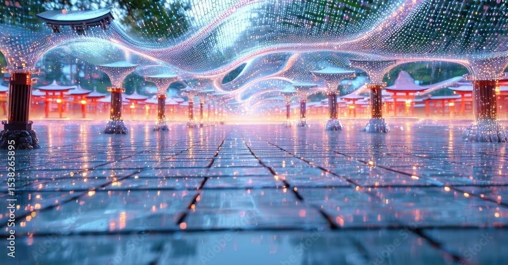 Poster futuristic temple complex. reflective surfaces, glowing lights create surreal perspective. red struc