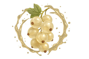 Semi-transparent white currant berry cluster with glossy finish and subtle golden shine, surrounded by faint yellowish liquid splash with soft motion and clean light reflections, isolated 
