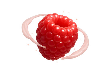 Soft glossy raspberry with detailed bumps, light pink juice swirl gently floating around the fruit without overlap on top, subtle droplets, clean render, isolated on transparent background
