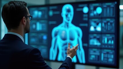 Scientist interacting with futuristic medical interface analyzing human body
