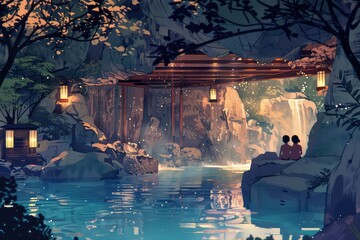 Illustrate a romantic scene where a couple finds solace and relaxation together at a Mineral Springs Spa