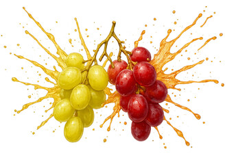 Green and red grapes bursting with juice in dynamic motion, liquid erupting in high-speed arcs from the grapes themselves, isolated on transparent background with summer freshness and bright 