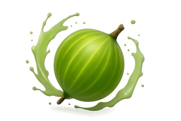 Single gooseberry with soft green stripes and glossy surface, surrounded by pale greenish splash with transparent and soft-edged liquid and floating droplets, isolated on transparent background 