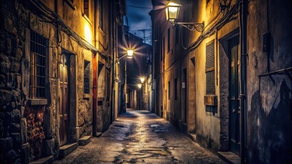 Dark narrow alley at night with faint streetlights and old buildings