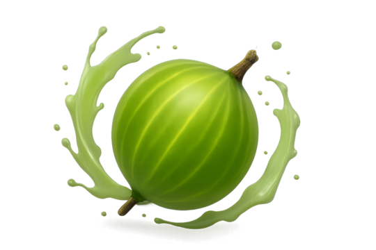 Single gooseberry with soft green stripes and glossy surface, surrounded by pale greenish splash with transparent and soft-edged liquid and floating droplets, isolated on transparent background 