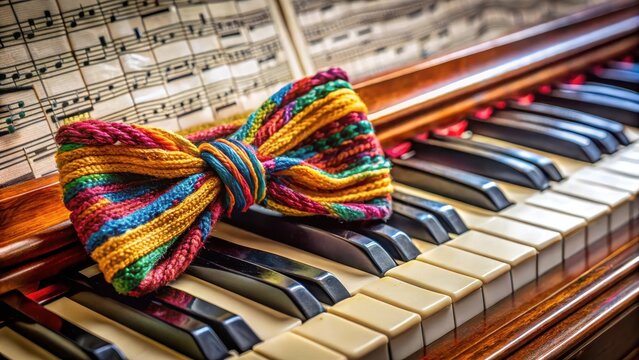 Detailed close-up of a bow on a piano score with intricate strings and vibrant colors